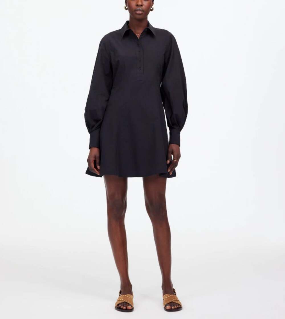 Madewell Seamed Long-Sleeve Mini Shirtdress WMNS Sz 6 Black Poplin Button Front